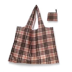 NEW SET of 2 plaid foldable reusable shopping grocery tote bags brown